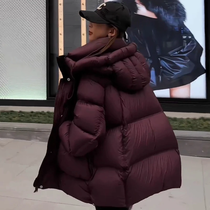 Moda estilo coreano puff jaqueta, inverno meados de longo com capuz solto pato branco para baixo jaqueta quente, 2024 novo modelo