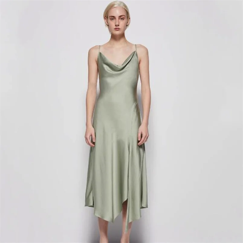 2026年夏 バックレス アシンメトリー レディース スリップドレス ホリデー ビーチパーティー ロングドレス 女性用 無地 サテン スリット セクシー スリム ワンピース