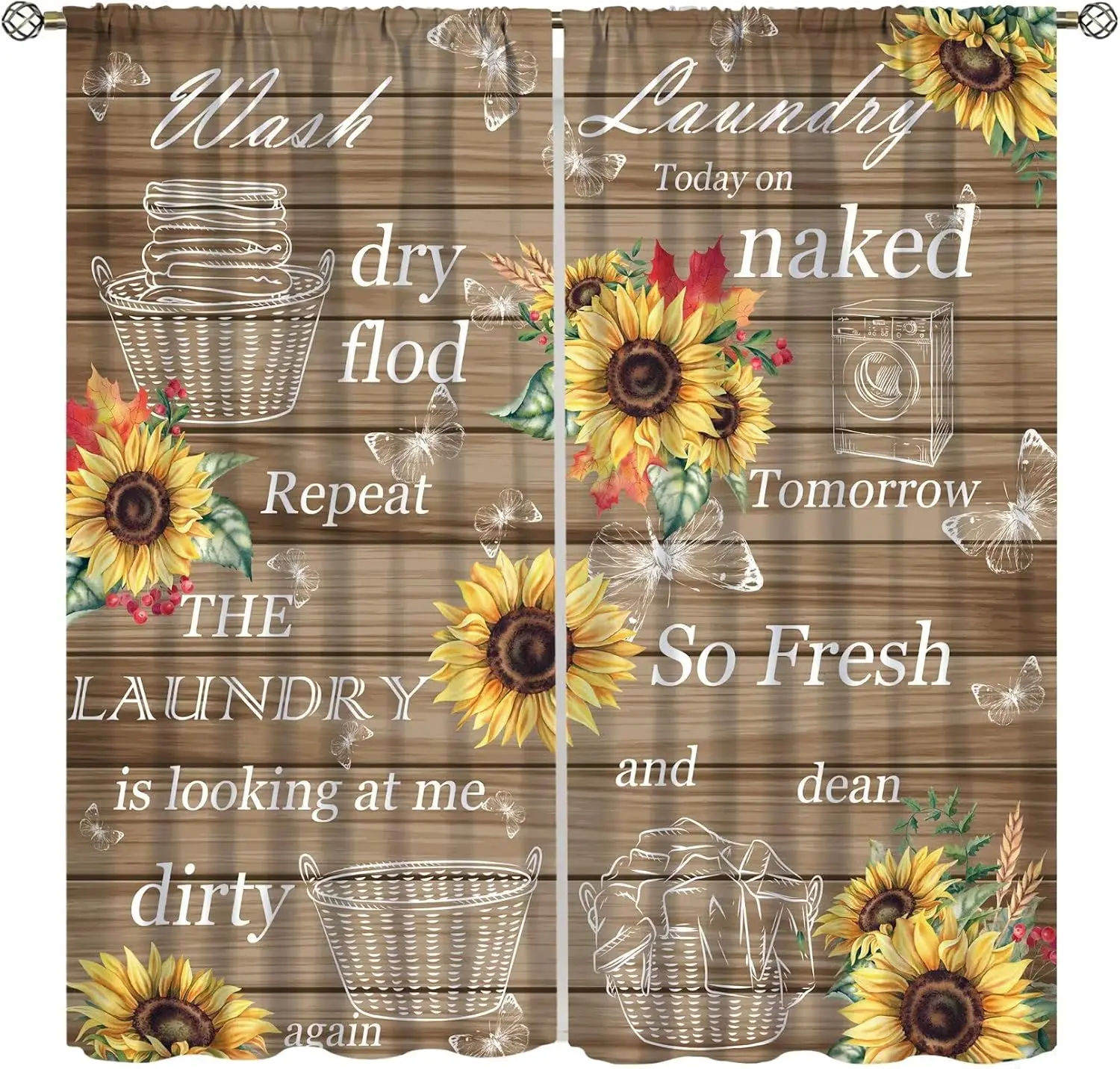 Farmhouse Sunflower Laundry Room Curtains,Country Wooden Floral Clothes Drying Washing Vintage Window Treatments for Bedroom