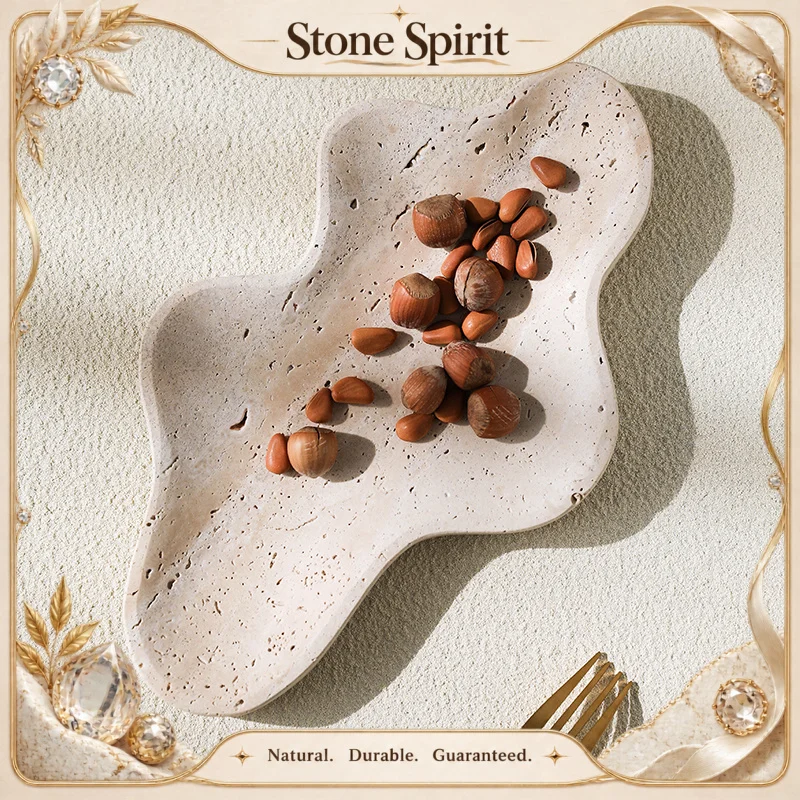 【Natural】Travertine Serving Tray for Coffee Table Irregular Decorative Trinket Dish for Jewelry Ring Key
