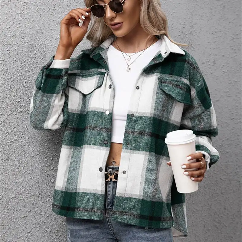 

Women's Plaid Casual irt Coat Autumn Commute Sle Long Sve Thiened Outerwear with kets And Buttons