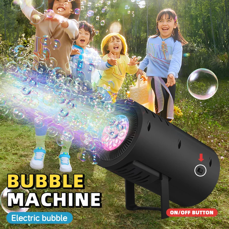Macchina per bolle elettrica con luci, bolle di sapone, giocattoli per bambini, festa all'aperto, palcoscenico per matrimoni, macchina automatica per bolle