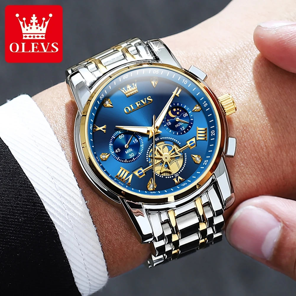 OLEVS-Montres à Quartz pour Homme, Design de Volant d\'inertie, Chronographe Classique, Montre-bracelet à la Mode, Phase de Lune, Étanche, Modules,