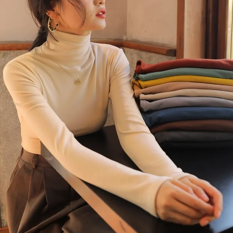Fashio Solid Tight Fitting T-shirt Korean Version Solid Color Stacked High Neck Base Shirt Autumn Long Sleeved Slimming Top