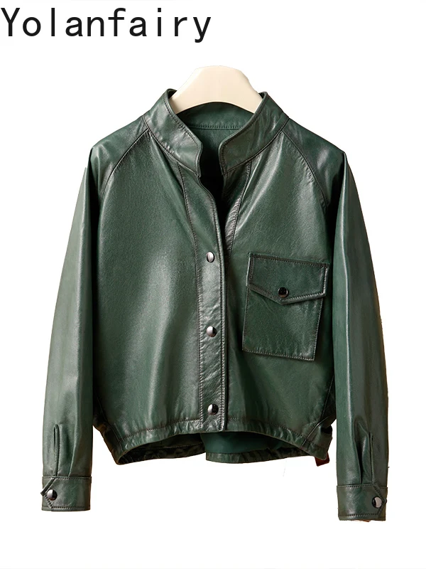 YOLANFAIRY Olie-gewaxte Schapenvacht Lederen Jassen voor Vrouw 2025, Korte Vintage Lederen Jas Vrouwen Motorfiets Leren Jas