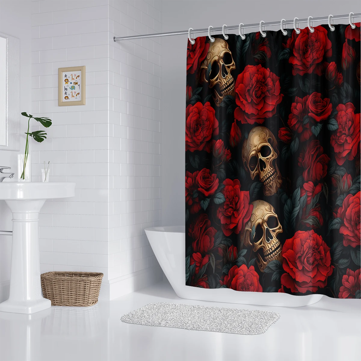 1pc waterproof fabric curtain with Halloween skull rose elements, suitable for bathrooms or kitchens