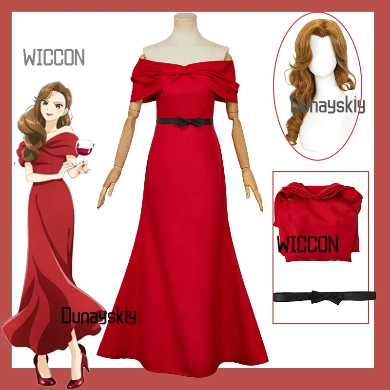 

Reiko Houshou Red Gown Wig Set Halloween Cosplay Graduation Party Dress Detective-Themed Elegance Nazotoki wa Dinner no Ato de
