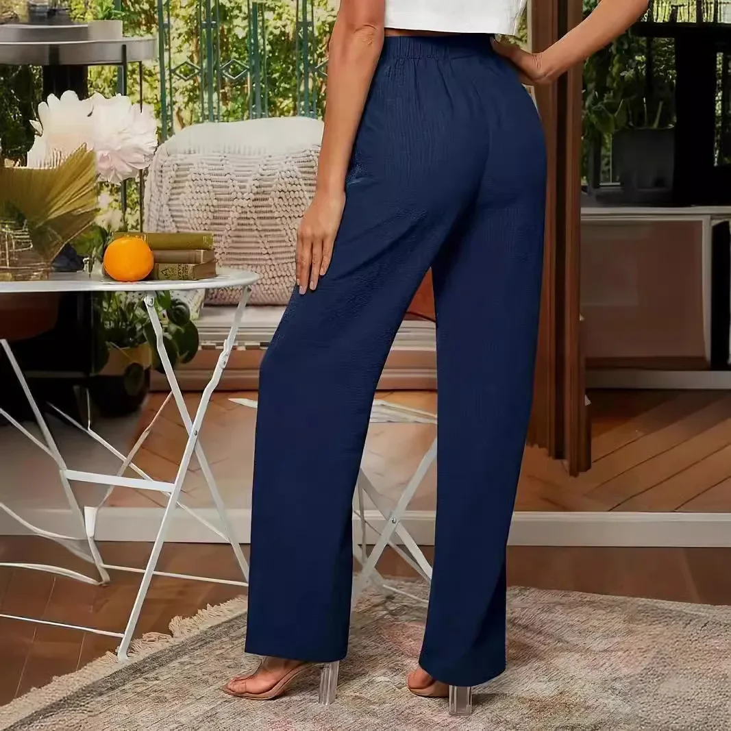 

Women Blue Casual Spring New Baggy Fashion High Waist Pants Summer Solid Basic Pants Streetwear Commuting Trousers On Sale