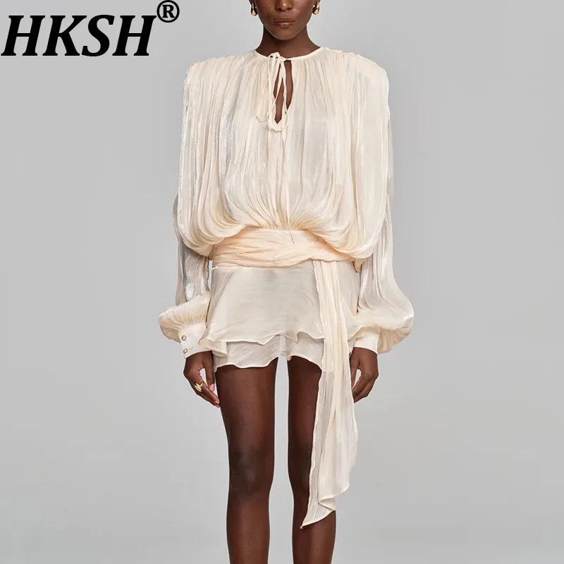 

HKSH Summer New Women's High Street Elegant Fashion Solid Color O-Neck Tie Long Lantern Sleeved Folds Ruffles Short Dress HK7590