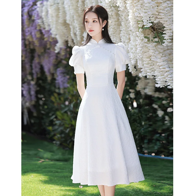 

Yourqipao Chinese Traditional White Cheongsam Dress Women Engagement Evening Qipao Dress Little White Evening Gowns