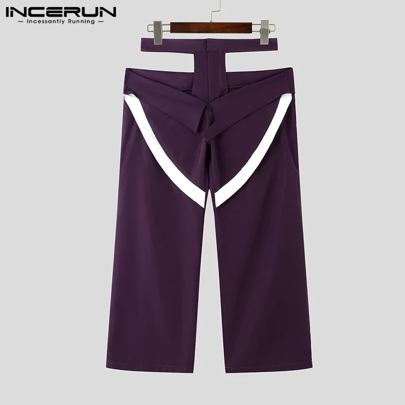 INCERUN Men Loose Colorblock Long Pants 2025 Casual Handsome Hollow Out Trousers American Style Male Wide Leg Trousers Bottoms