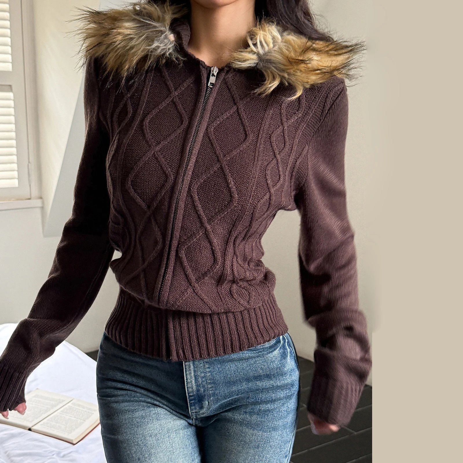 

Женское вязаное пальто на молнии, модная трикотажная куртка с меховым капюшоном, женские повседневные однотонные облегающие джемперы с длинными рукавами, одежда