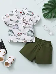 Baby Boys Summer Casual Lapel Short-Sleeved Top Cartoon Dinosaur Print T-Shirt Elasticated Waist Army Green Pants All-Match Suit