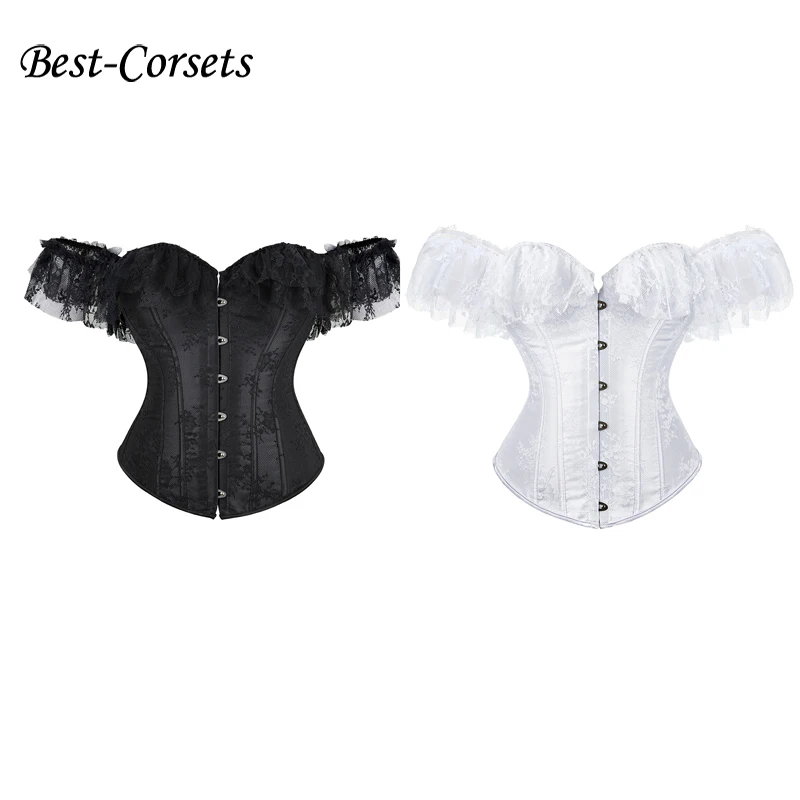 Black Corset Top for Women Gothic Corset Lingerie Lace Sleeves Plus Size Vintage Wedding Party Bustiers Tops White