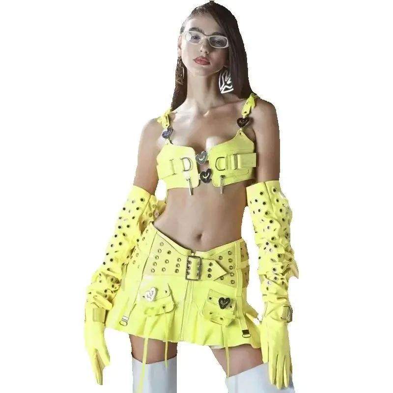 Costume di scena di moda Donne sexy Gruppo Jazz Street Dance Outfit Pelle gialla Pole Dance Abbigliamento Nightclub Bar Rave Clothes