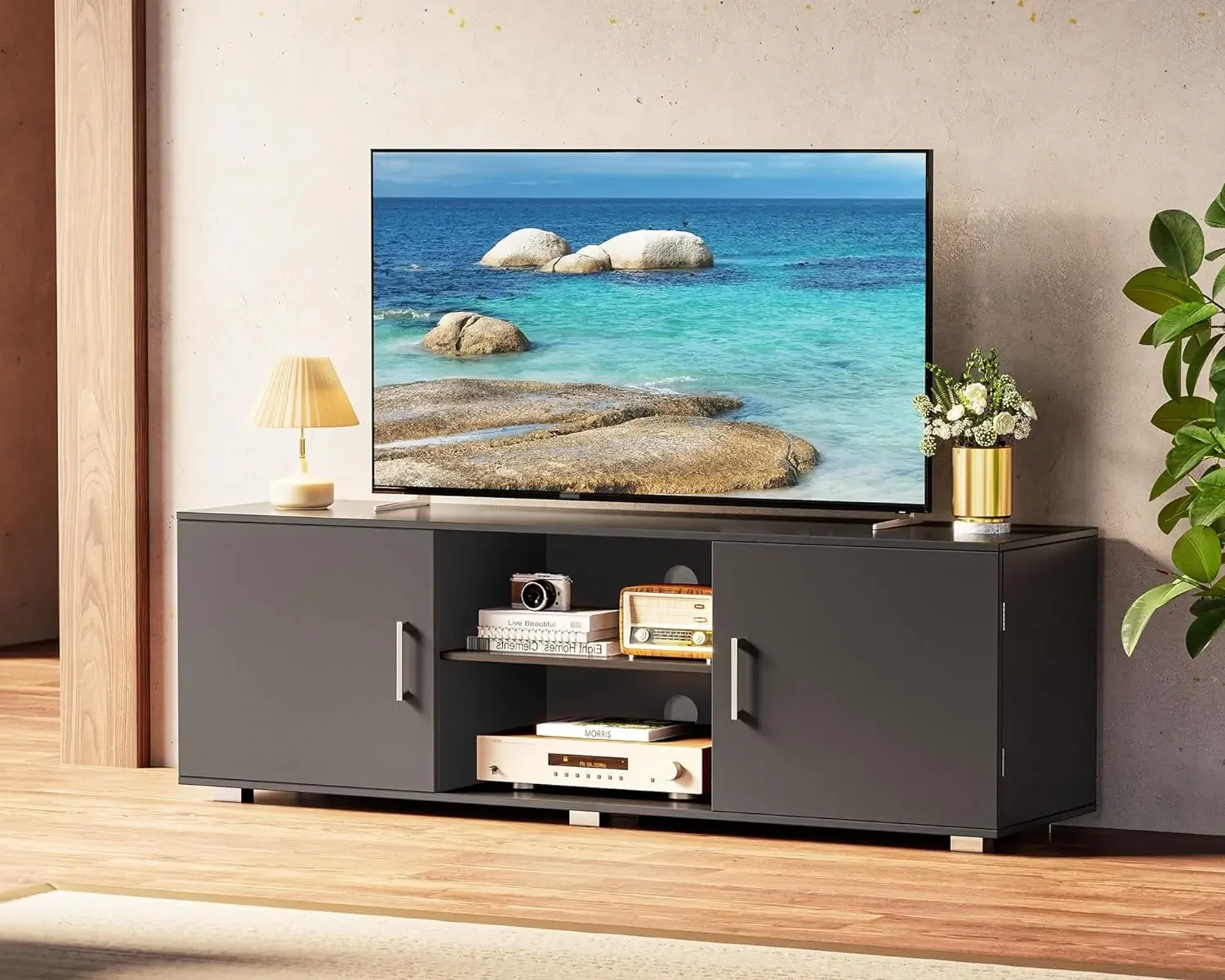 

TV Stand for 55 Inch TV, Entertainment Center with Storage, 2 Cabinets, TV Console Media Cabinet with 6 Cable Holes, TV Stand