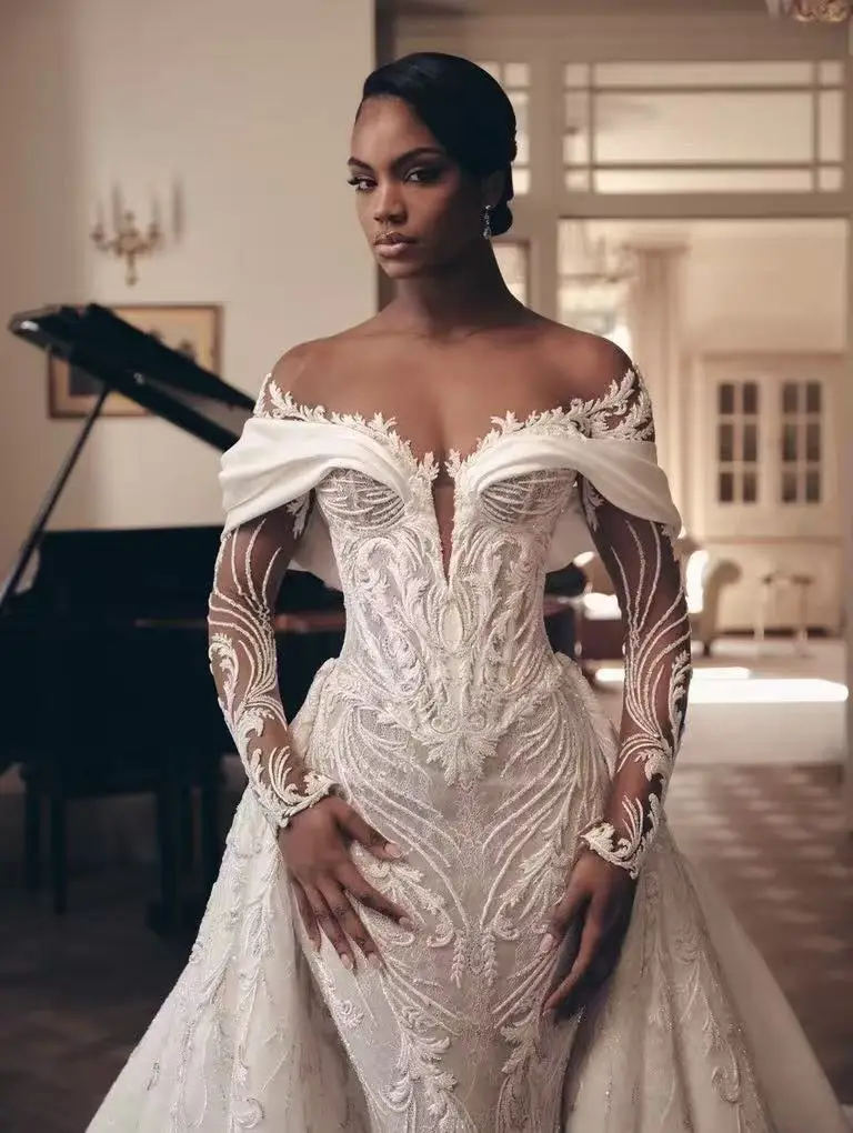 Maßgeschneidertes Luxus-Brautkleid mit Applikationen und Spitze im Meerjungfrauenstil, Abnehmbarer Schleppe, Schulterfreies Hochzeitskleid 2026 Vestido De Noiva – Detail 6