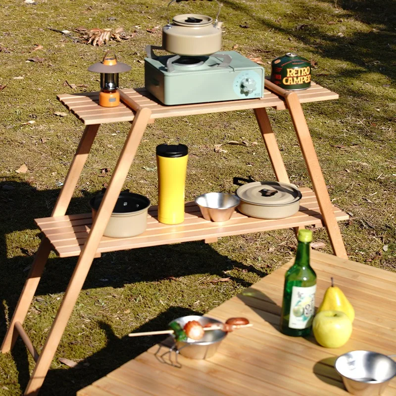 

Wooden Double Storage Shelf Triangle Folding Outdoor Camping Picnic Storage Rack