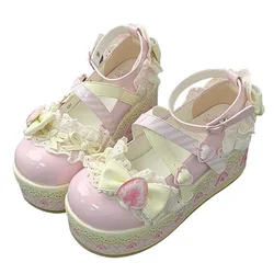 2025 Sweet Girls Lolita Flat Platform ,Female Students Lace Strawberry Bowknots Cute Marry Jane Elevator Shoes