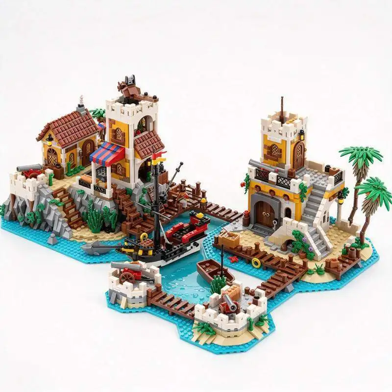 4311PCS Pirate Harbor Trading Post Island Fort Dock Scene Model Custom Creative Building Blocks DIY Assembly Toy Gift Set