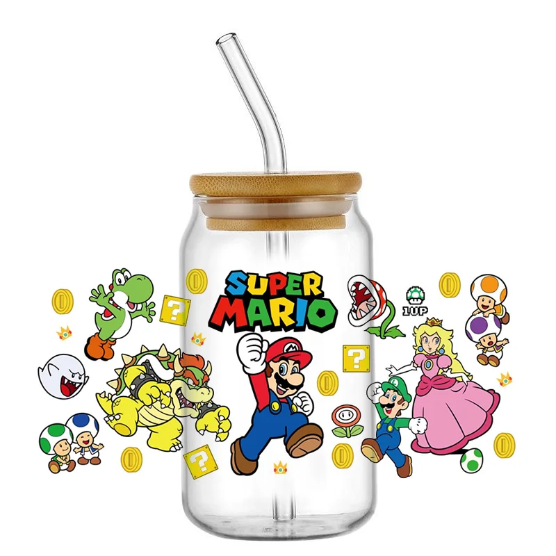 Miniso Mario 16 uncji DTF naklejki na kubki fajne personalizuj folia UV naklejka transferowa niestandardowe etykiety DIY Logo samoprzylepne wodoodporne
