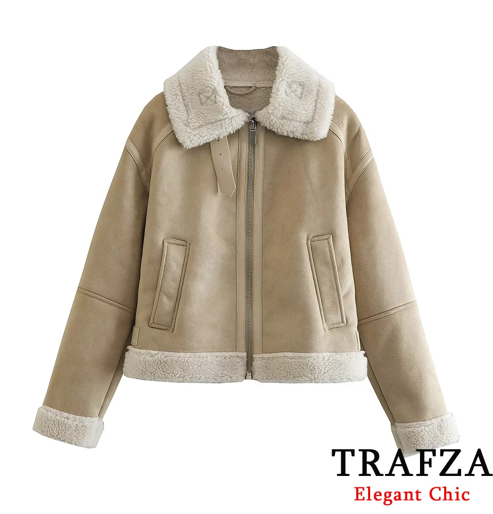 Trafza moda feminina reversível jaqueta curta casaco solto velo com zíper jaqueta novo 2024 outono inverno desgrenhado commuter elegante jaqueta