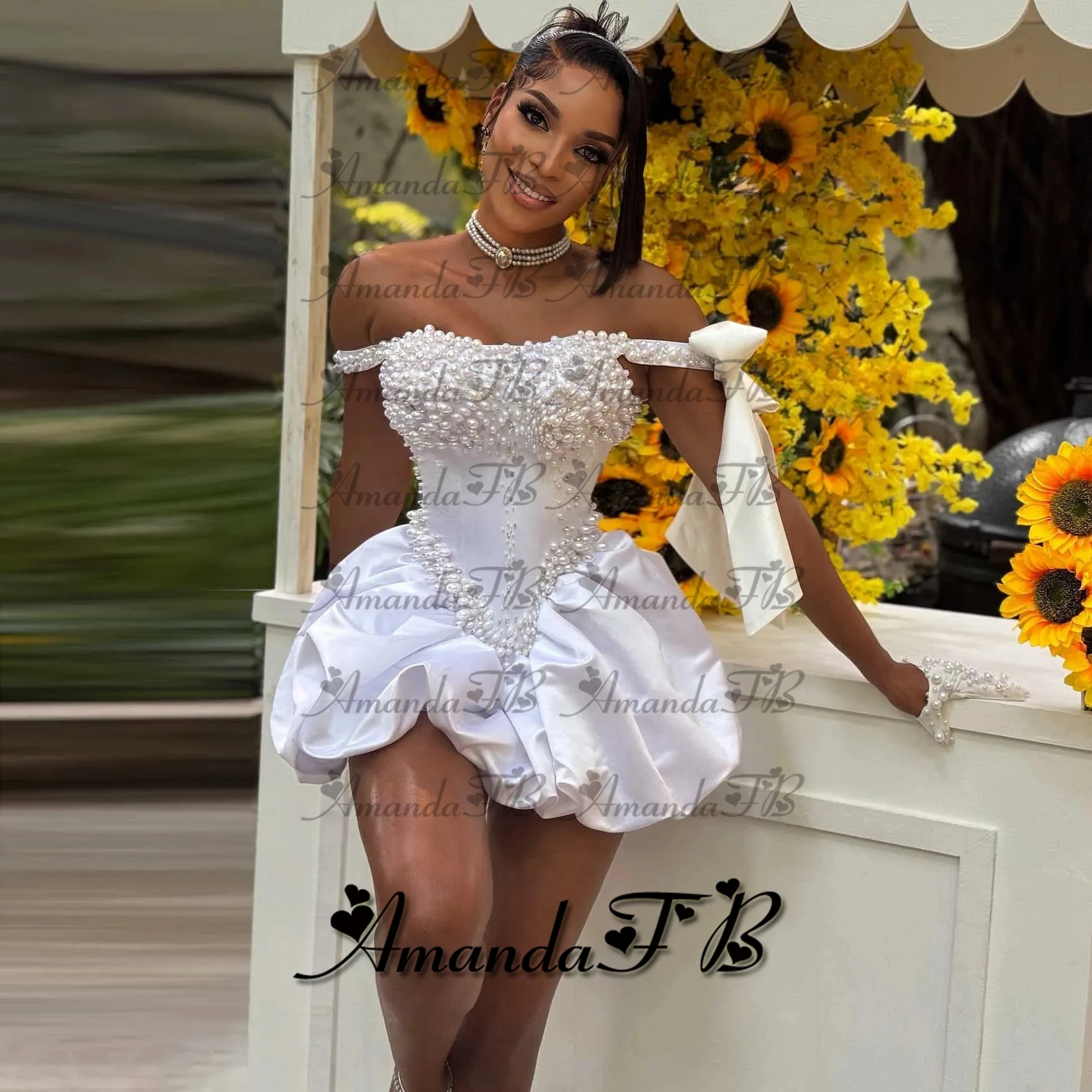 أماندا فستان كوكتيل عصري لؤلؤي قبالة الكتف Bowknot رقبة سكوب مناسبة خاصة ثوب Vestidos De Noche مخصص