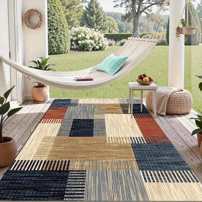 Boho Patchwork Floor Mat Woven Straw Rug Non-slip Natural Jute Carpet for Outdoor Patio Porch Garden Deck Home Decor