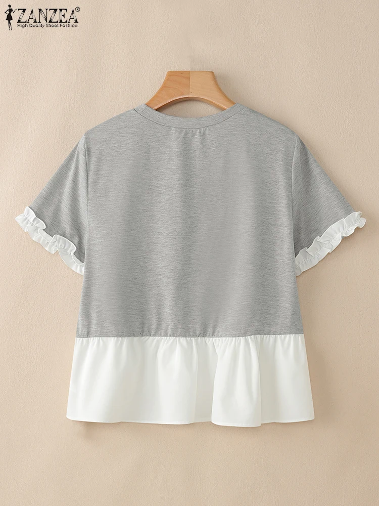 ZANZEA-camisetas elegantes a la moda para mujer, camisetas informales de verano con cuello redondo y manga corta con volantes, dobladillo en capas, camisetas de retazos de colores contrastantes