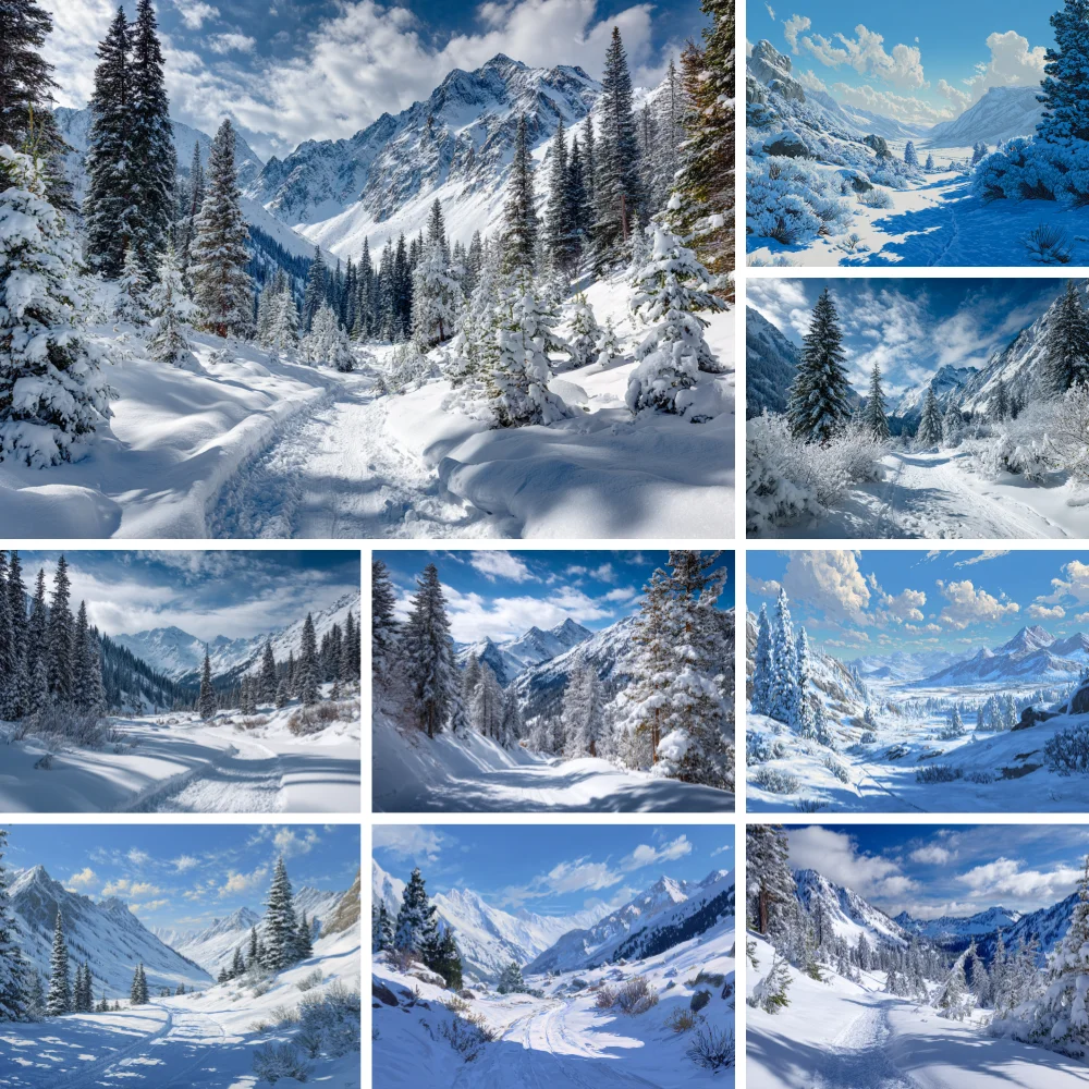 Winter Snow Mountain Valley Backdrop Snow Covered Pine Trees Snow Trail Rocky Peak Blue Sky Cloud Outdoor Photo Background