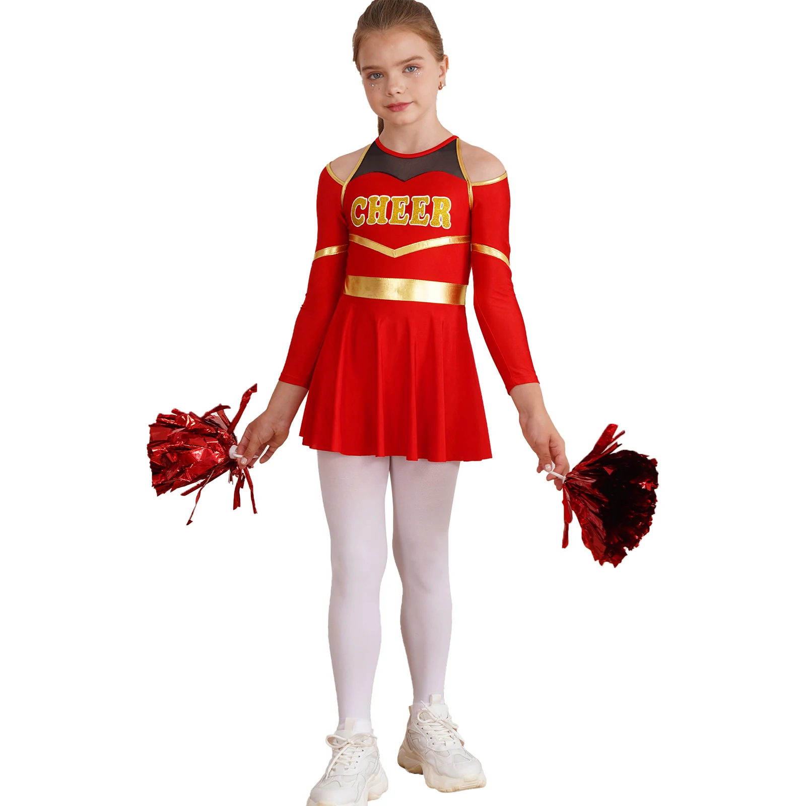 Roupa infantil de dança de alegria, uniforme escolar de líder de torcida, vestido collant de manga comprida com flores de mão para equipe de torcer