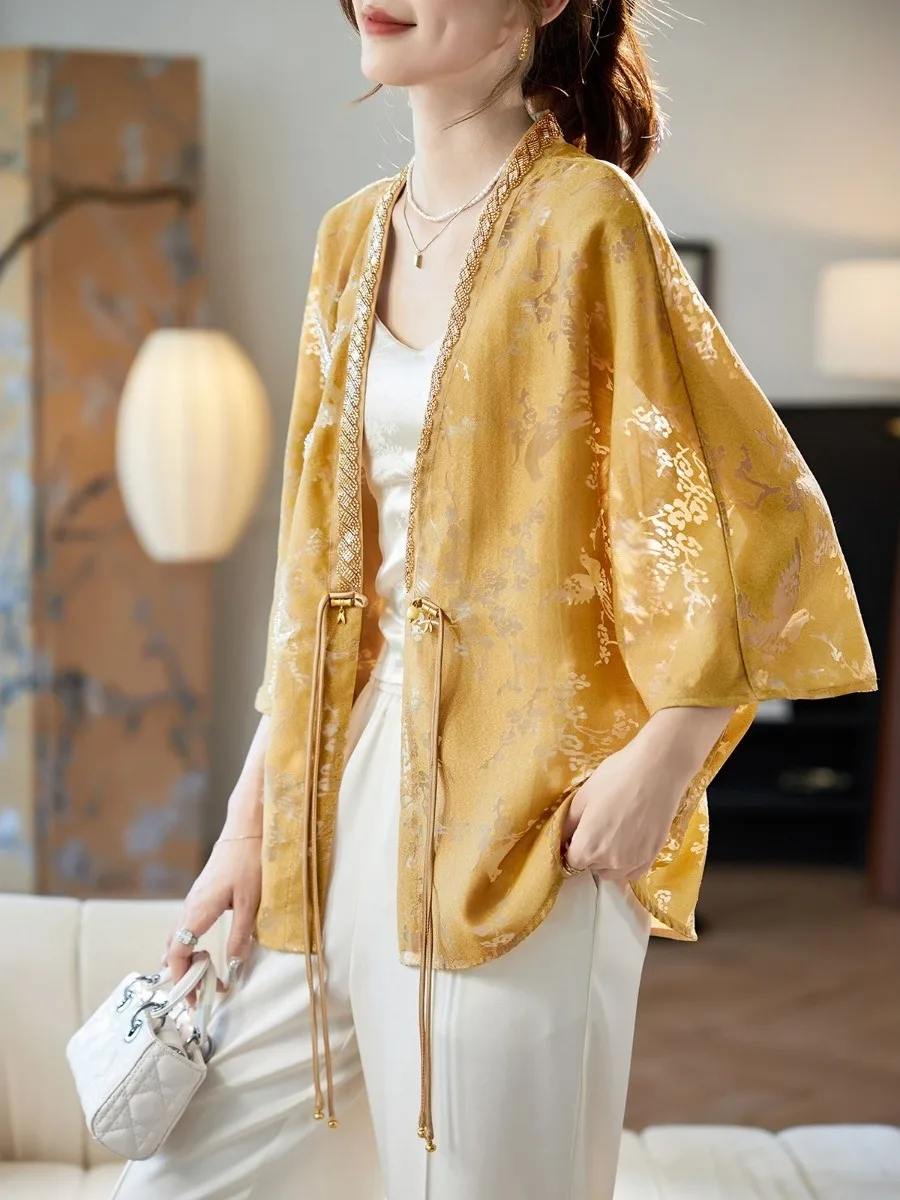 Nieuwe Chinese Sle Losse Batwing Sve hol Jaet Zware Borduren vrouwen Open Vest priem V-ne Mid-lengte Jas