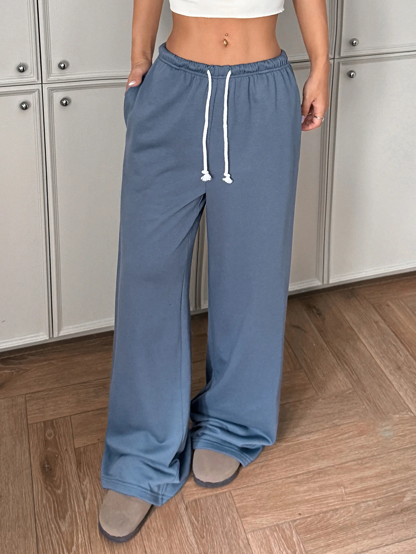 New Strap Solid Color Knitted Pants for Women 2025 Summer Female Clothing Dairy Elastic Waist Blue Loose Trousers