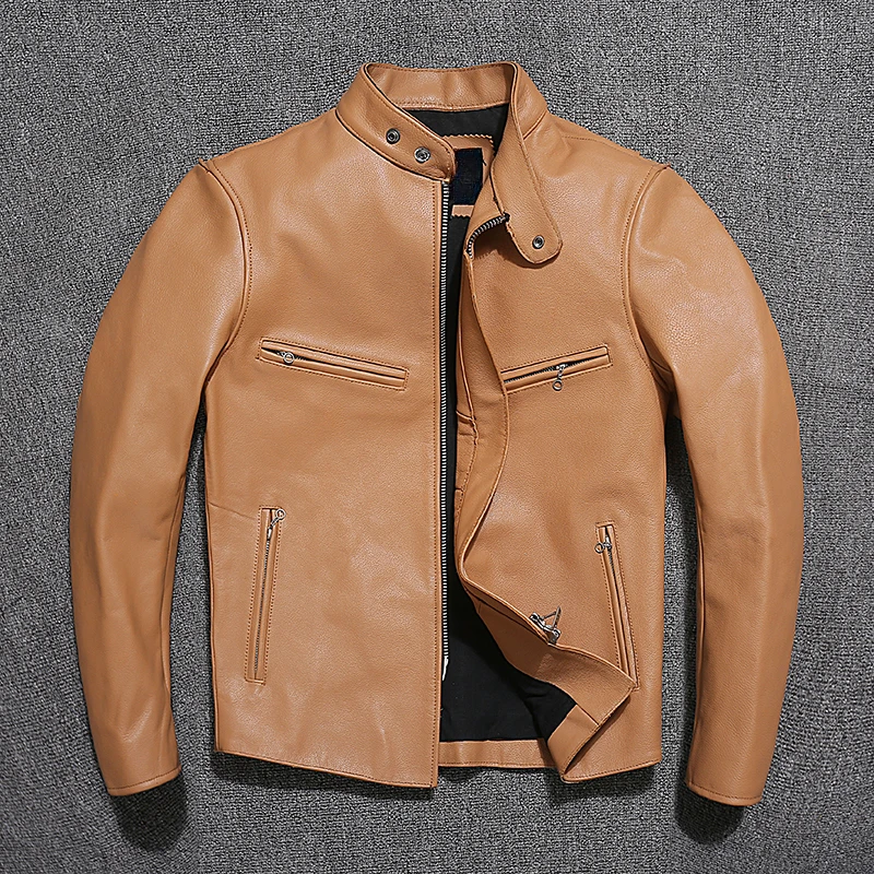 

Slim Fit Mens Leather Jackets Light Yellow Real Cowhide Genuine Leather Jacket Men Autumn Jackets Male Skin Coats