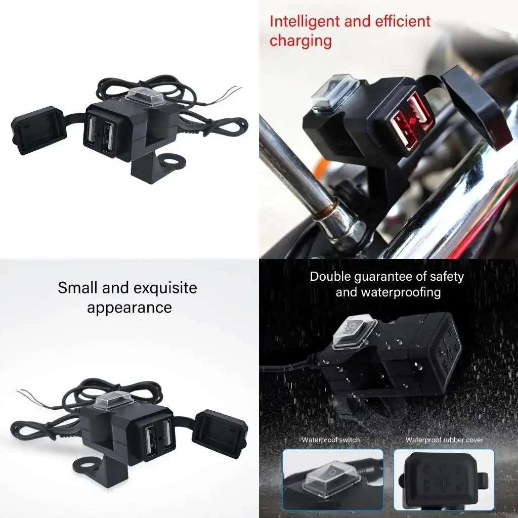 

High Efficiency Motorcycle USB Port Power Adapter Waterproof Power Supply Socket with Double Charging Capability, Black X37F