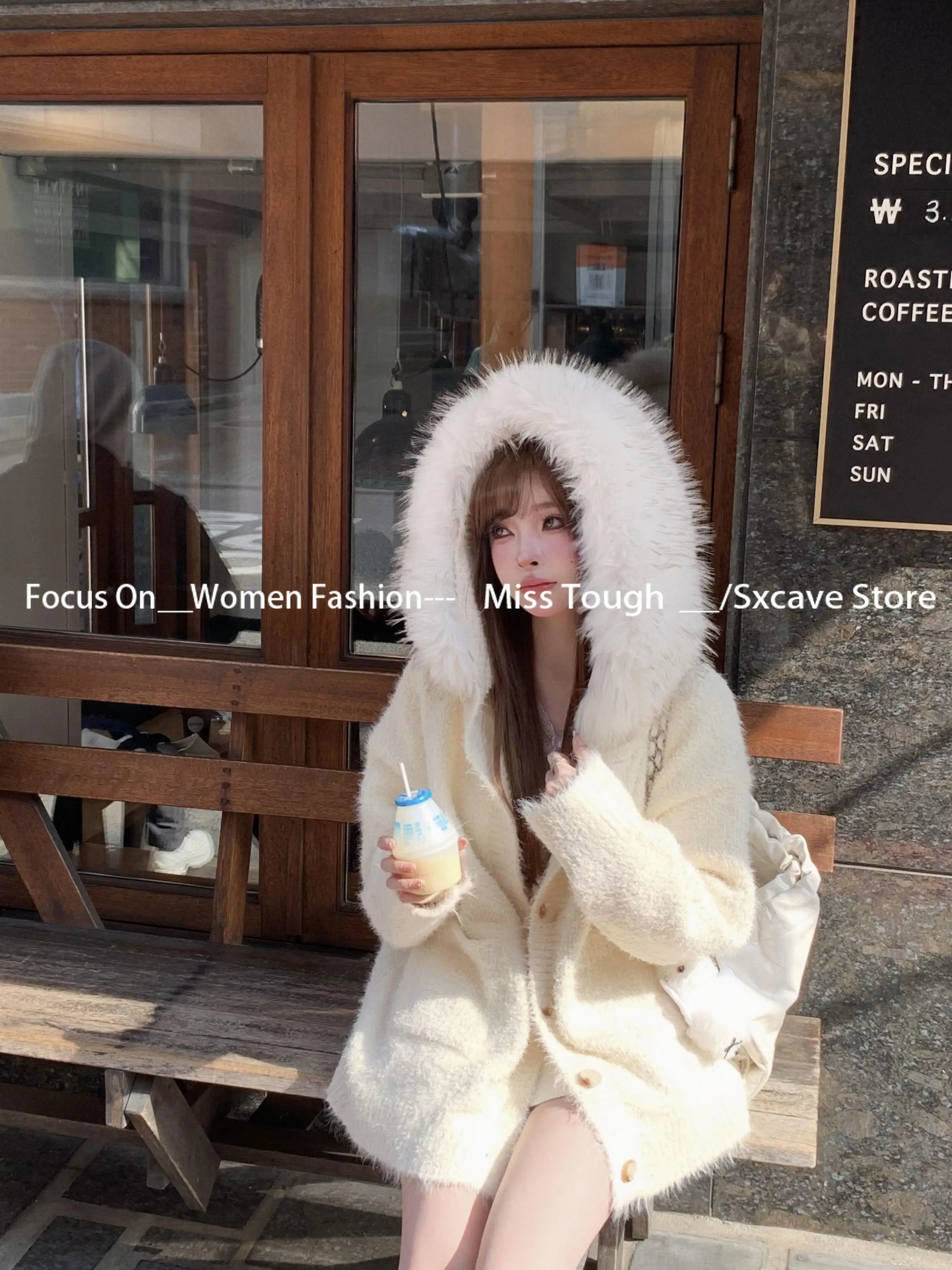 Korean Faux Fur Coats with Hooded Women Long Sleeve Slim Knitted Cardigan Outwear Spring Elegant Vintage Jacket Chic Pure Color