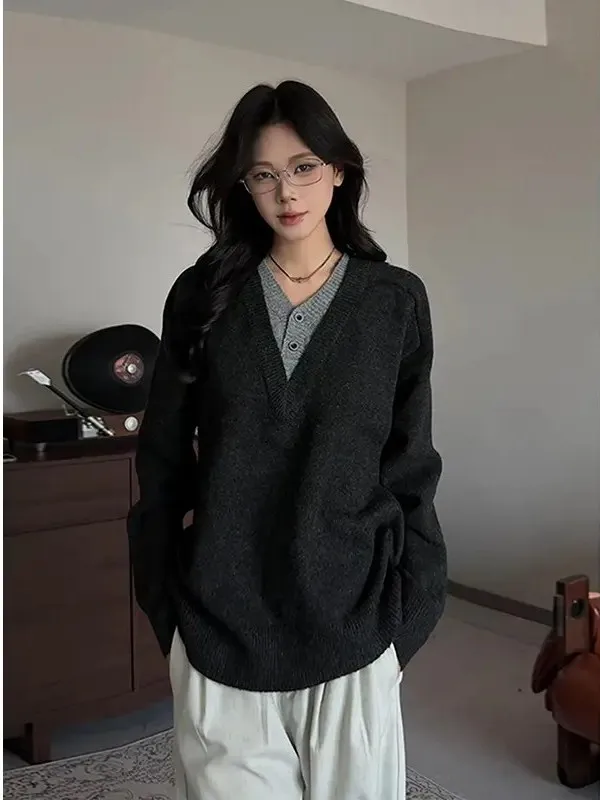 

Оверсайз свитер в американском винтажном стиле с V-образным вырезом, свободный, весенний, для мужчин и женщин, из полиэфирного волокна