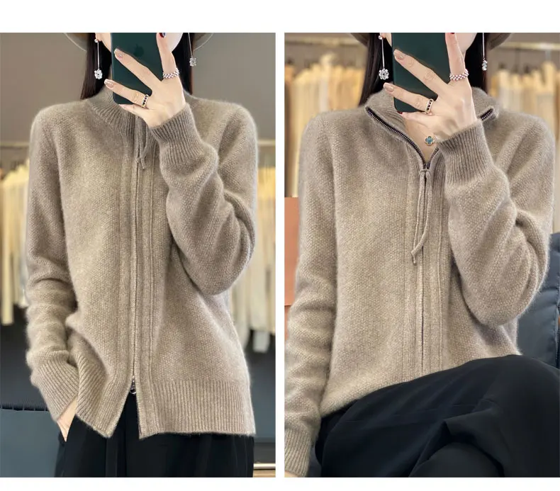 Autumn And Winter New Thick Two-Way Zipper Wool Cardigan Women's Loose Casual Sweater Solid Color Knitted Cashmere Coat