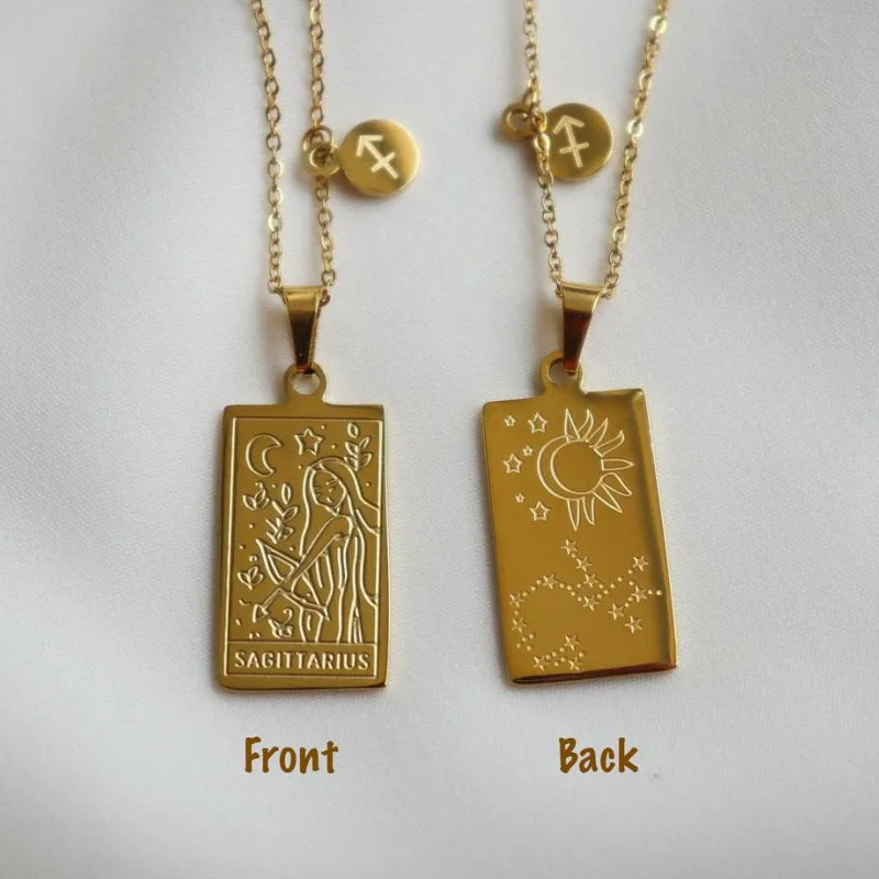 Vintage12 Constellations Tarot Stainless Steel Necklaces for Women Gold Color Zodiac Sign Square Pendant Necklace Clavicle Chain