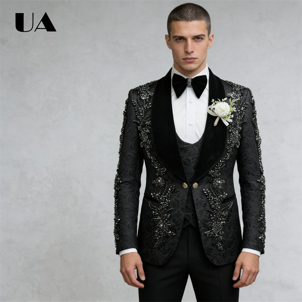

Jacquard 3-Piece Luxury Suit Set for Men, Handsewn Beads Crystals Jacket with Velvet Collar, Wedding Groom Suit Prom Suit Attire