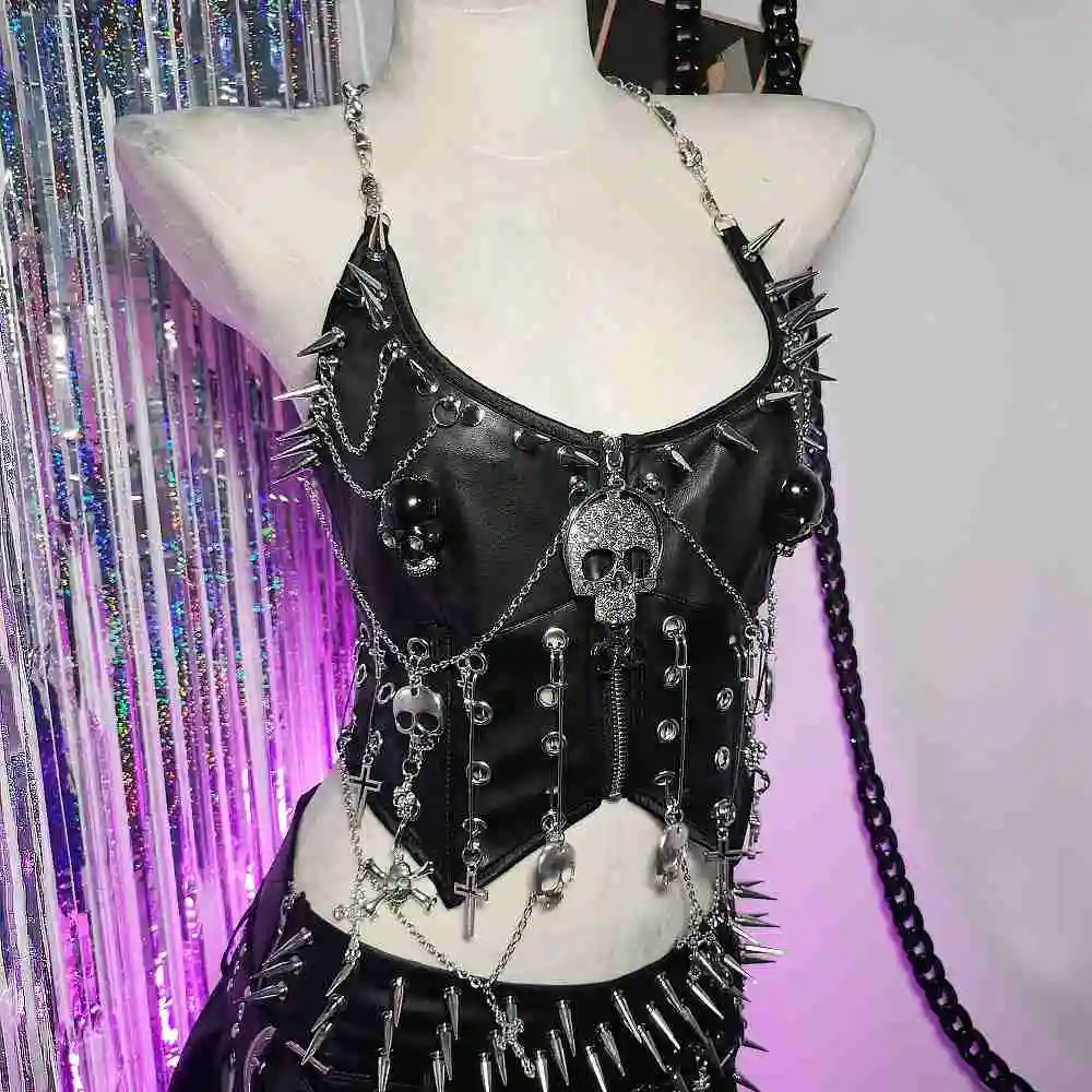 

Emo Zipper Skull Spike Studded Rivet Punk Rock Chain Harajuku Goth Gothic Grunge Y2K Halter Camisole TOPS Cross Eco E-Girls