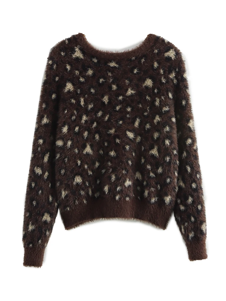 Brown leopard print plush short bow thick mink fleece sweater knitted cardigan coat for women winter