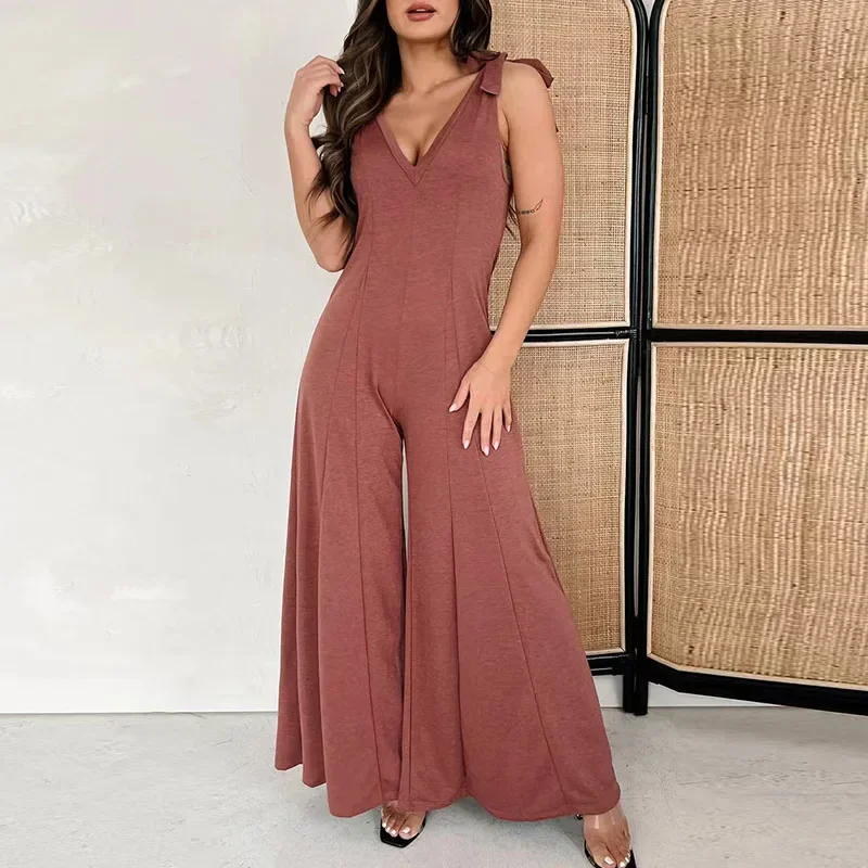 

2024 Women's Deep V Suspender Jumpsuit Sexy Hollow Sleeveless Jumpsuit Fashion High Street Solid Color Wide Leg Pants Sportswear