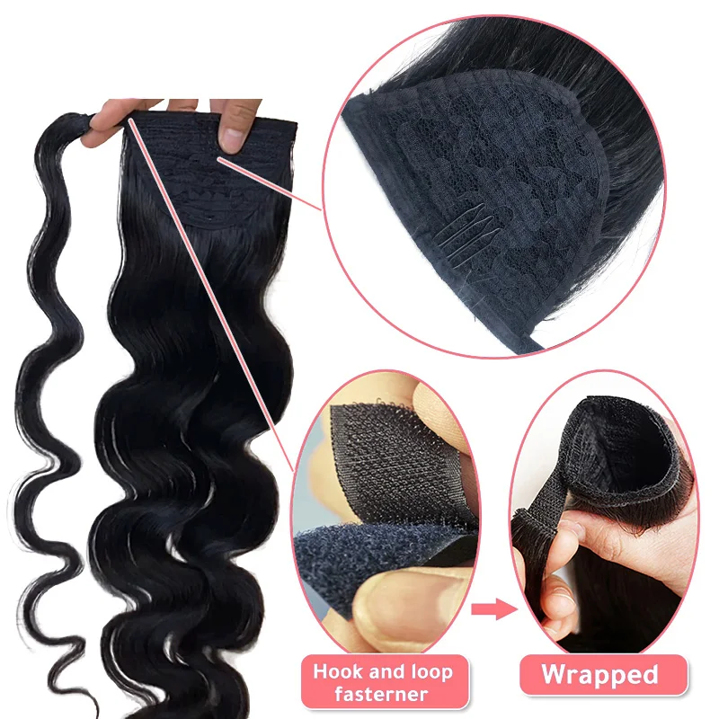 Cola de Caballo ondulada con cordón para mujer, extensión de cabello humano, postizo Natural con Clip, envoltura alrededor de la cola de caballo