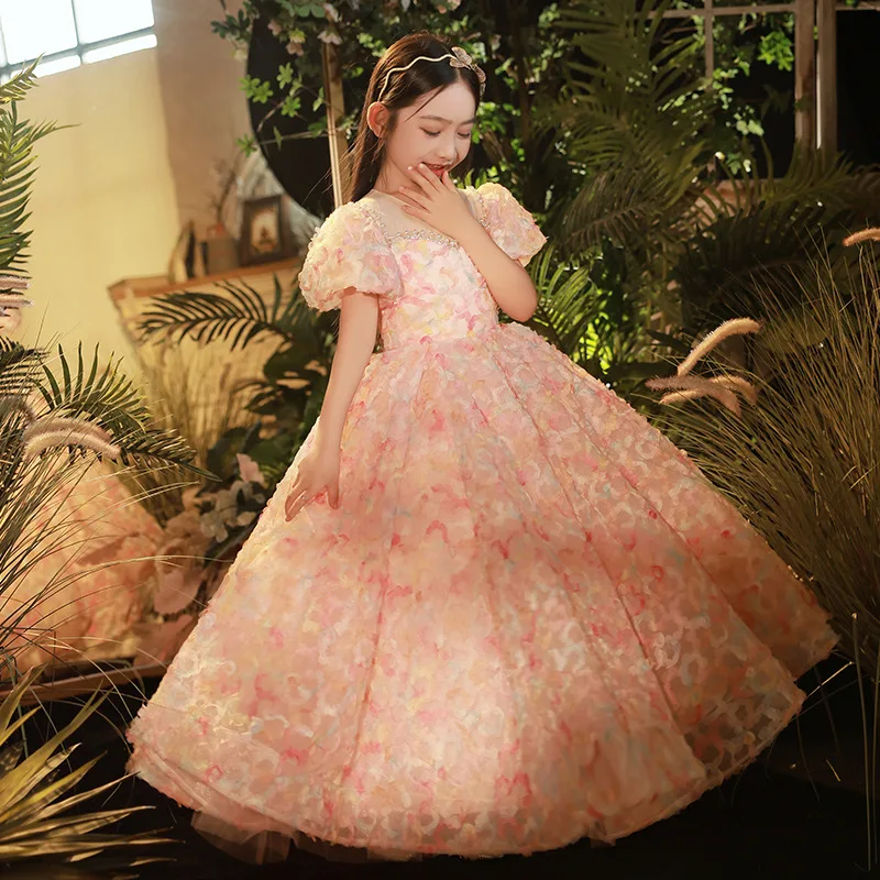 2024 Pink Baby Girls Princess Dress for Fomal Occasions Kids Beading Floral Long Ball Gown Children Piano Performance Costumes