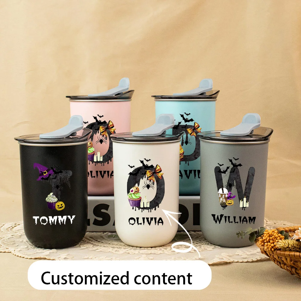Custom Halloween Monogram Name Stainless Steel Travel Tumbler, Spider Bat Coffee Cup with Flip Lid, Personalized Fall Holiday