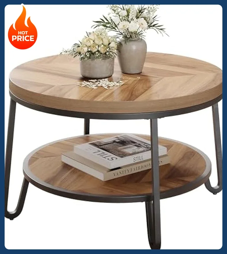 [¡Envío gratis ¡Compre ahora! ][¡Mejor vendedor! ]Mesa de centro redonda de 32", mesa circular para sala de estar con estantes de almacenamiento de 2 niveles, De