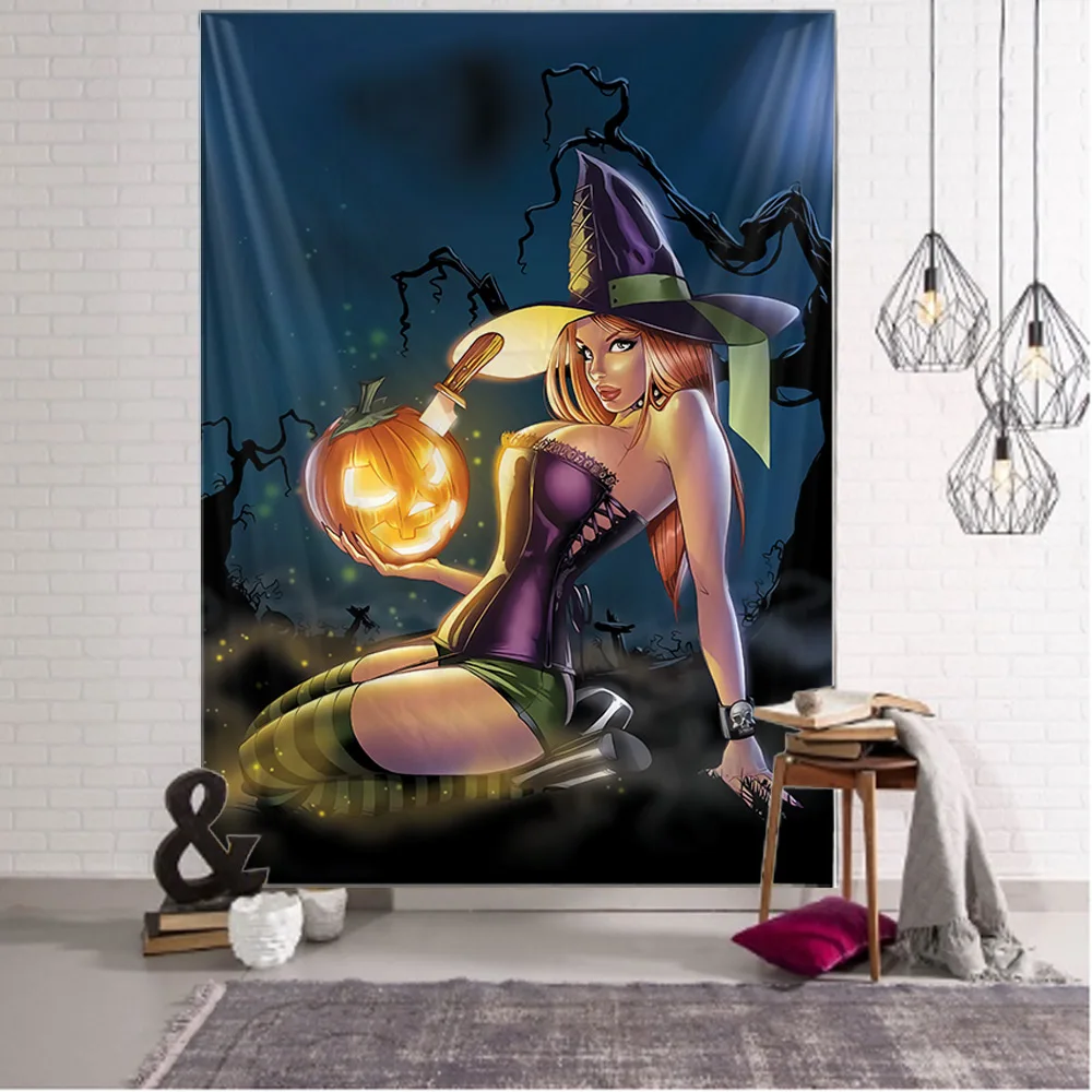 

Halloween Pumpkin Witch Grim Reaper Wall Hanging Tapestry Decorative Art Blanket Curtains Bedroom Living Room Decoration 02