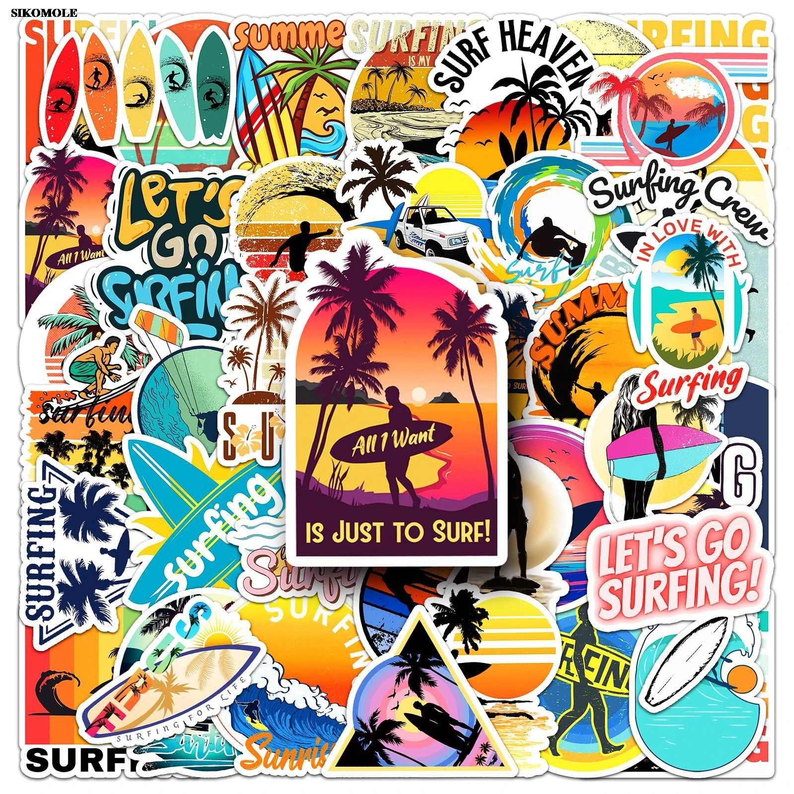 Cartoon Surf Adesivos para Crianças, Surf de Praia, Diário DIY, Laptop, Bagagem, Adesivo de Skate, Decalques Divertidos, Brinquedos Presente, 10, 30, 50Pcs