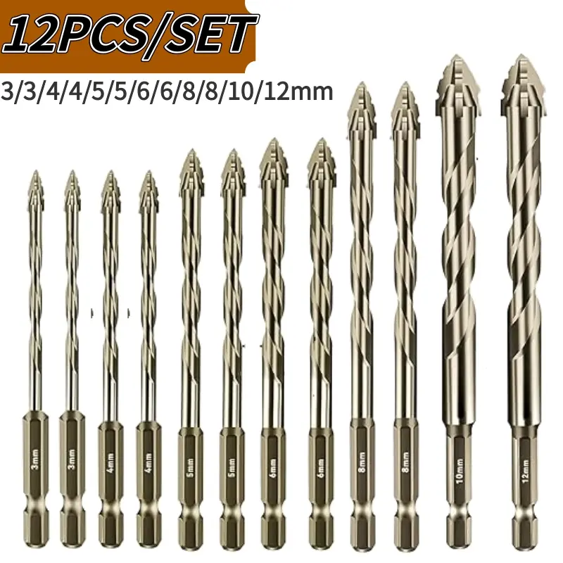 12pçs 3-12mm conjunto de brocas excêntricas de dente de serra de quatro flautas para telha de concreto cerâmica perfuração de madeira alvenaria conjunto de ferramentas